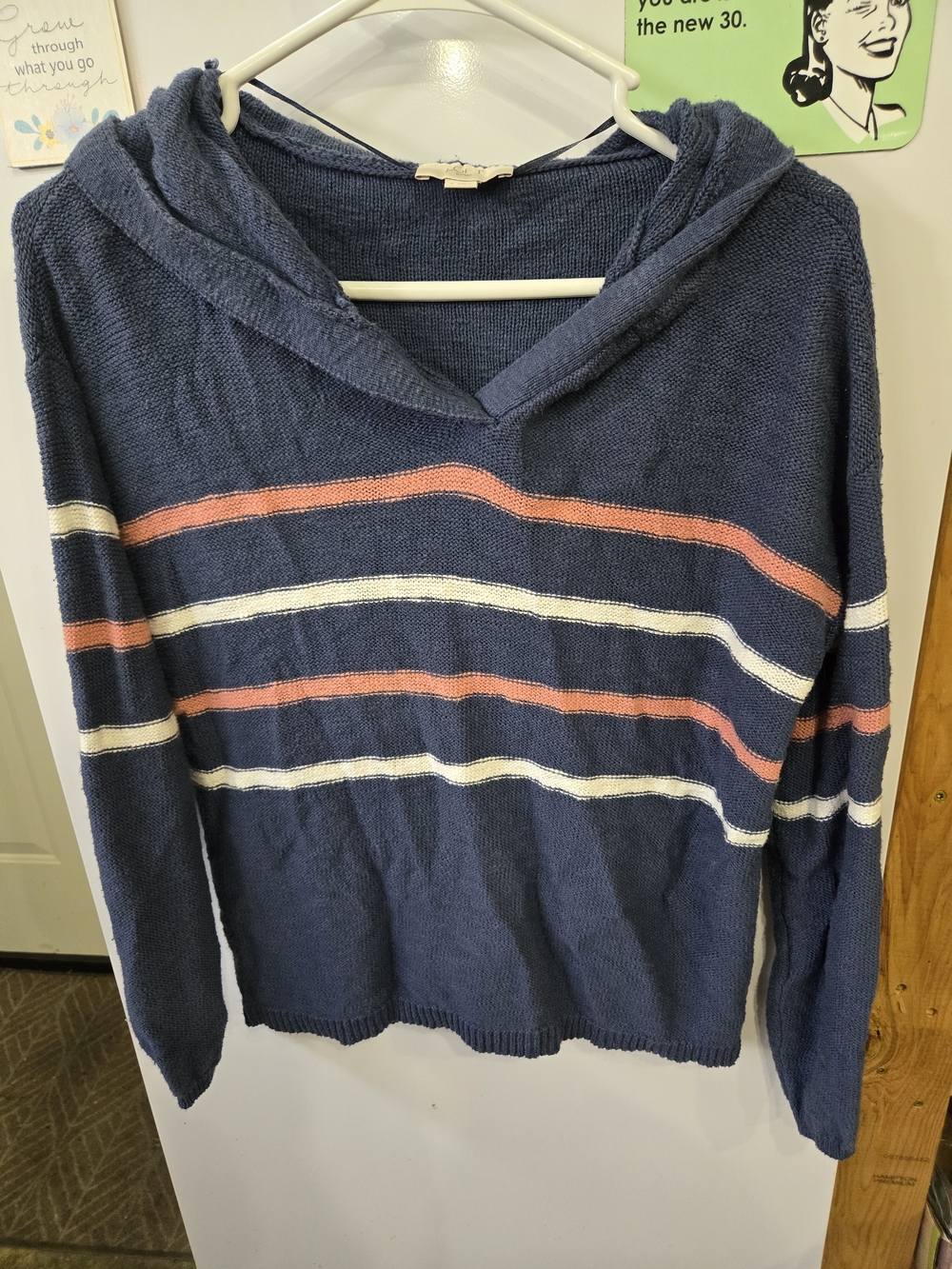 LOFT Navy Hooded Knit Sweater with Coral & White Stripes